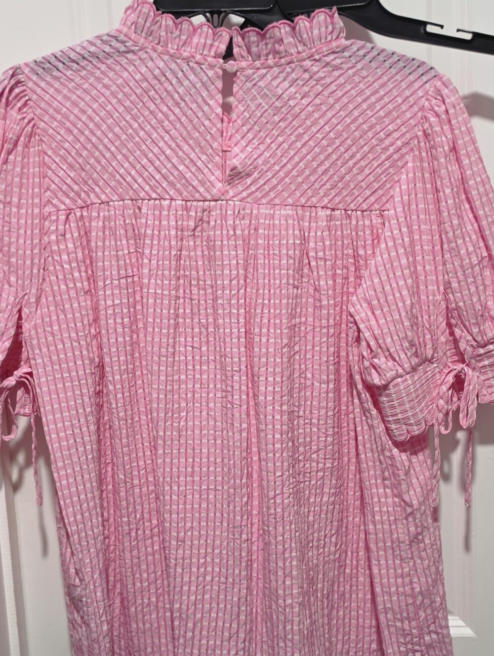 entro Pink Gingham Ruffle Neck Puff Sleeve Blouse - Picture 3 of 5